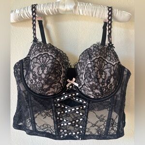 NWT Victoria’s Secret black & pink lace up corset longline bustier bra top
